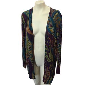 Vintage Arco L/XL Abstract‎ Tribal Open Front Duster Cardigan USA Boho Artsy